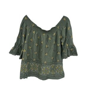 Boho‎ Cottagecore Smocked Peasant Top L Olive Floral Off Shoulder Blouse Gypsy